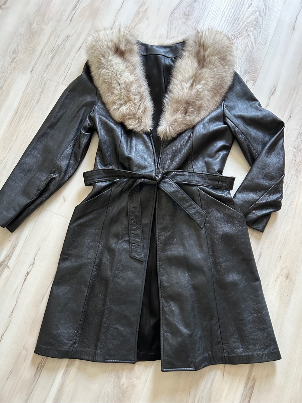 Scully Black Leather Trench Coat with Tan Fox Fur Collar